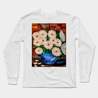 beautiful large carnation flowers in a blue bowl vase Long Sleeve T-Shirt
